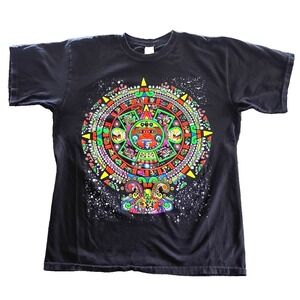 Y2K Mexican Neon Azteca Calendar Sun Stone T-Shirt Black Size XL